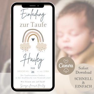 Digitale doopuitnodiging, e-card regenboog boho, gepersonaliseerde doopuitnodigingskaart, sjabloon Cana, WhatsApp beige uitnodigingskaart