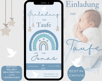 Digital invitation to a rainbow christening, christening invitation via WhatsApp, christening invitation card template for a boy, e-card invitation to a christening celebration in blue