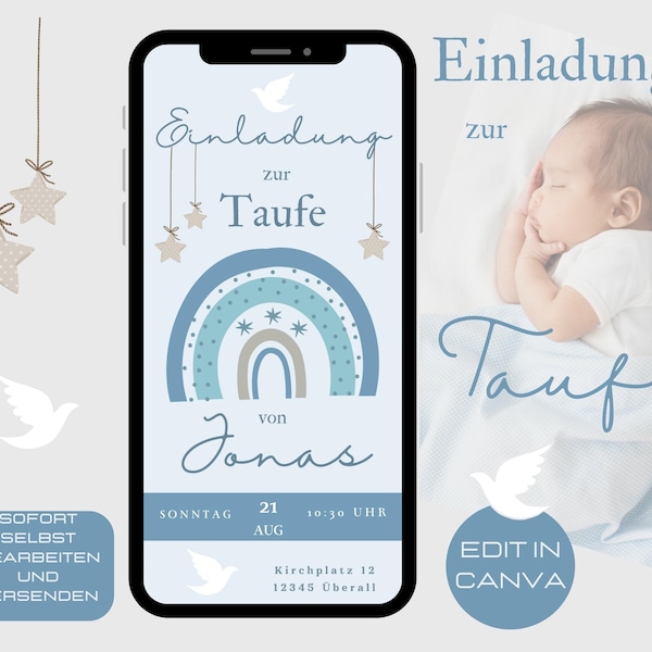 Digitale Einladung zur Taufe Regenbogen, Taufeinladung WhatsApp, Vorlage Einladungskarte Taufe Junge, e-Card Einladung Tauffest in blau
