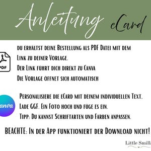 K&ouml;nnte beinhalten: Ein digitales eCard-Design-Handbuch mit deutschem Text. Das Bild zeigt die Worte "Anleitung eCard" in einer Schreibschrift. Es enth&auml;lt ein PDF-Symbol und ein Canva-Logo. Der Text gibt Anweisungen zum Personalisieren der eCard mit Ihrem eigenen Text.