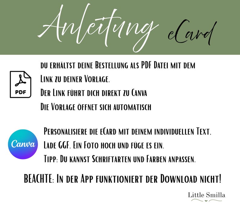 K&ouml;nnte beinhalten: Ein digitales eCard-Design-Handbuch mit deutschem Text. Das Bild zeigt die Worte "Anleitung eCard" in einer Schreibschrift. Es enth&auml;lt ein PDF-Symbol und ein Canva-Logo. Der Text gibt Anweisungen zum Personalisieren der eCard mit Ihrem eigenen Text.