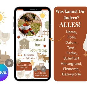 K&ouml;nnte beinhalten: Eine digitale Einladung zu einer Geburtstagsfeier mit Bauernhof-Thema. Die Einladung zeigt ein Foto eines Kindes, einen Stall, einen Traktor, H&uuml;hner und eine Gans. Der Text auf der Einladung lautet "Leonard hat Geburtstag. Er m&ouml;chte mit DIR feiern!" und "Samstag, 10.10.23 15:30 Uhr".