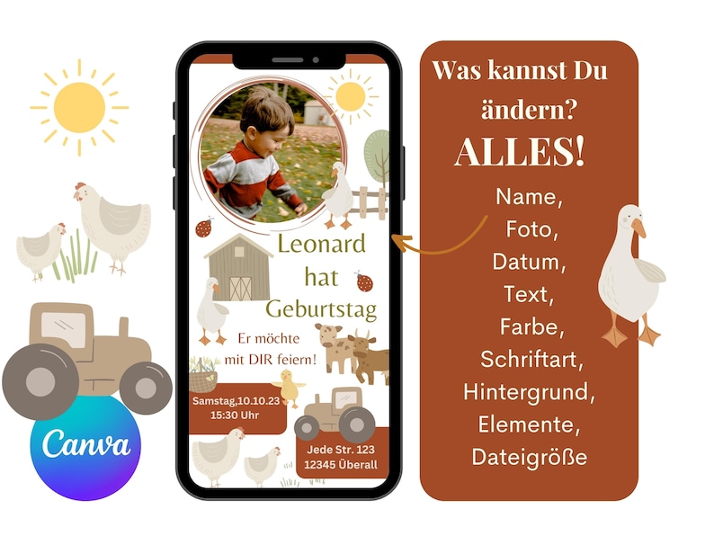 K&ouml;nnte beinhalten: Eine digitale Einladung zu einer Geburtstagsfeier mit Bauernhof-Thema. Die Einladung zeigt ein Foto eines Kindes, einen Stall, einen Traktor, H&uuml;hner und eine Gans. Der Text auf der Einladung lautet "Leonard hat Geburtstag. Er m&ouml;chte mit DIR feiern!" und "Samstag, 10.10.23 15:30 Uhr".