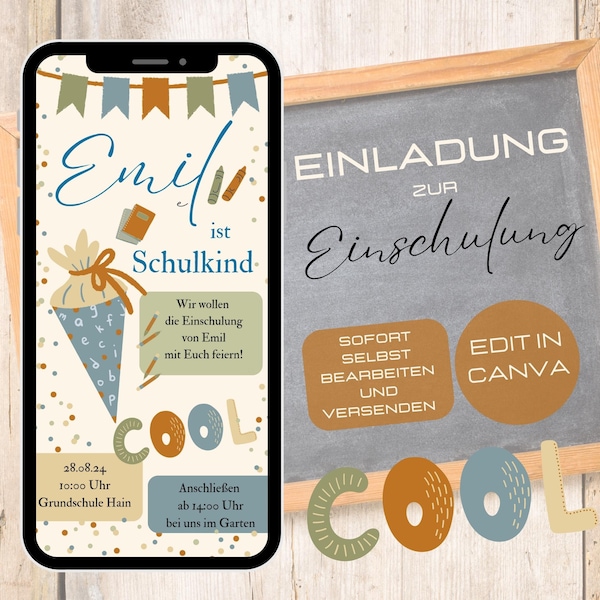 Digitale Einladung Einschulung, personalisierte Einladungskarte Schultüte, Einladung erster Schultag WhatsApp, Einschulung Vorlage Canva