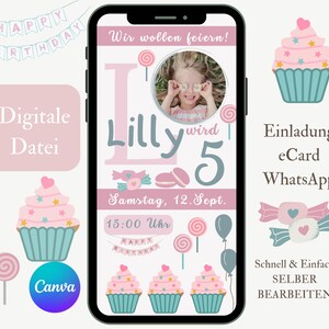 Convite de aniversário menina, convite digital para aniversário infantil rosa, modelo de cartão de convite WhatsApp, e-card Canva crianças 5 anos