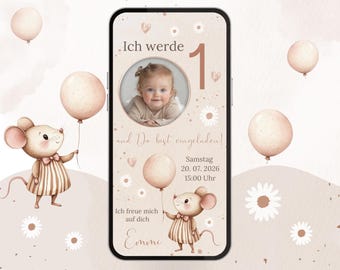 Digitale kinderverjaardagskaart, gepersonaliseerde uitnodigingskaart met foto voor meisjes, uitnodiging voor de eerste verjaardag
