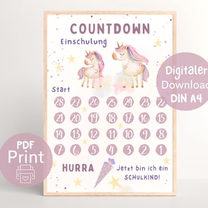 Cuenta atrás para la matrícula escolar unicornio, voy a ser escolar, 4 semanas para el inicio del cole PDF para imprimir DIN A4, plan para empezar el cole niñas contando los días