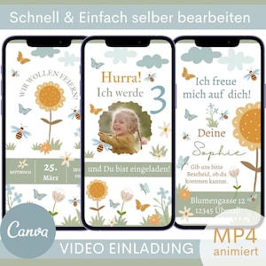 Invitation plus personnalisée pour l'anniversaire des enfants, vidéo de carte d'invitation numérique, e-card girl WhatsApp, modèle Canva anniversaire MP4
