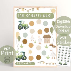 Tableau de récompenses pour enfants, plan de récompense pour un petit tracteur, système de récompense PDF à imprimer, Montessori, plan de renforcement et autocollants DIN A4