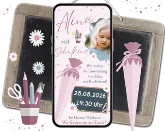 Invitation for a girl's first day of school with photo | Digital invitation card for the first day of school with a pink school cone