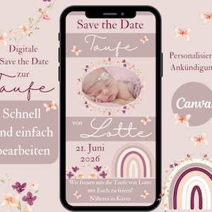 Save the Date uitnodiging doop roze, e-card met foto, gepersonaliseerde aankondiging doopfeest meisje, voorafgaande doopuitnodiging WhatsApp wilde bloemen