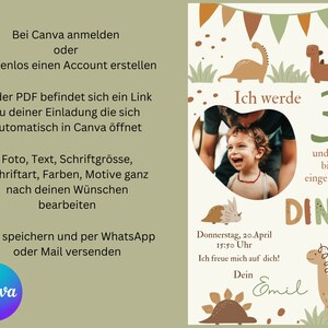 May include: A printable birthday invitation with a dinosaur theme. The invitation features a photo of a child, a green number 3, and the text "Ich werde 3 und Du bist eingeladen! DINO".