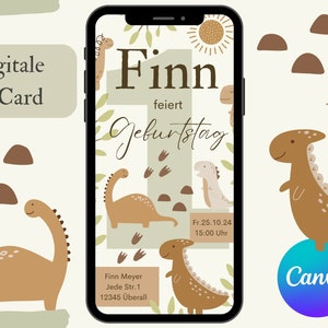 Digitale Einladung zum Kindergeburtstag Dinos, ersonalisierbare E-card Vorlage Canva, WhatsApp Einladungskarte Geburtstag  Dinosaurier