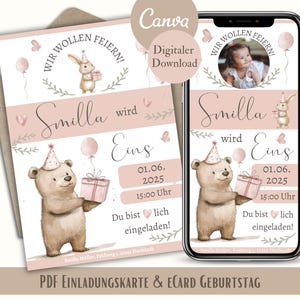 Convite de 1º aniversário, cartão de convite digital primeira aniversariante infantil WhatsApp, convite e-card rosa, convite de aniversário