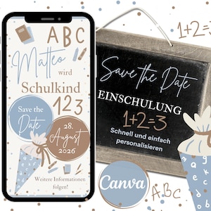 Save the Date Einladung Schulanfang, Ankündigung Einschulung, personalisierte eCard Schulstart 1.Klasse Schultüte Junge, Einschulungsfeier