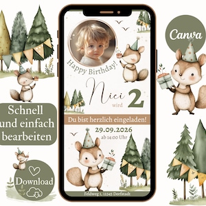 Invitación digital de animales del bosque, invitación de cumpleaños infantil con foto, plantilla de tarjeta electrónica Canva, invitación de cumpleaños de WhatsApp en el verde bosque