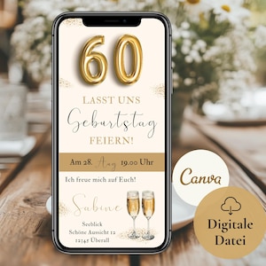 Einladung 60. Geburtstag Frau, digitale Einladungskarte WhatsApp Geburtstagsparty, eCard Vorlage goldene 60 Ballonzahl, Geburtstagseinladung