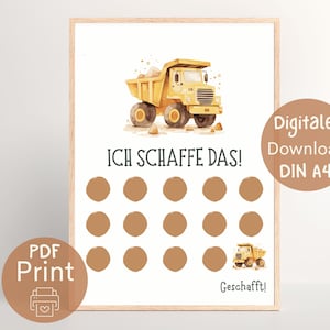 Tableau de récompenses véhicule, plan de récompense garçon camion benne, plan de renforcement enfant, système de récompense PDF pour impression DIN A4, tableau Montessori