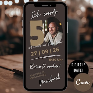 Uitnodiging 50e verjaardag man, digitale uitnodigingskaart WhatsApp verjaardagsfeestje, eCard Canva sjabloon met foto, verjaardagsuitnodiging mannen