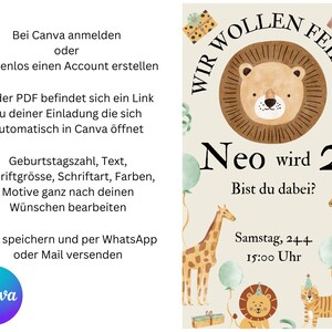 May include: A light green and brown invitation card with a lion illustration and the text "Wir wollen feiern Neo wird 2 Bist du dabei? Samstag, 24.4. 15:00 Uhr".