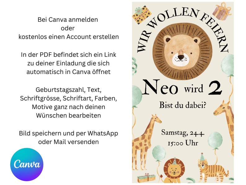 May include: A light green and brown invitation card with a lion illustration and the text "Wir wollen feiern Neo wird 2 Bist du dabei? Samstag, 24.4. 15:00 Uhr".