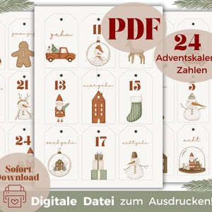 Advent calendar numbers to print, number 1-24 Christmas calendar PDF, DIY Advent calendar numbers download, Christmas numbers Advent red