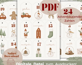 May include: A digital PDF sheet featuring 24 printable advent calendar tags with festive illustrations including gingerbread men, snowmen, trucks, and holiday gifts. Each tag displays a number or German word for the date, designed for holiday decor.