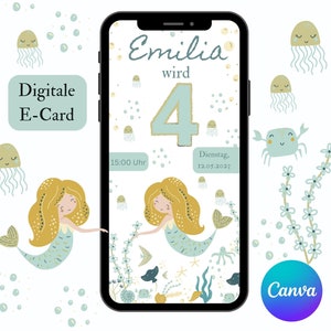 Digitale verjaardagsuitnodiging zeemeermin, bewerkbare verjaardagsuitnodiging, uitnodigingssjabloon Canva, e-card kinderverjaardag