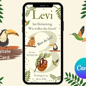 Convite de aniversário infantil, convite digital de aniversário animais da selva, modelo de aniversário infantil via WhatsApp, edição de e-card no Canva