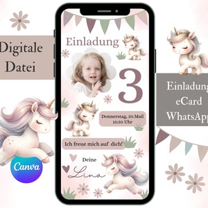Digitale Einhorn Einladung zum Kindergeburtstag, personalisierte Einladungskarte mit Foto, e-Card Einladung Mädchen, Vorlage Canva Einhorn