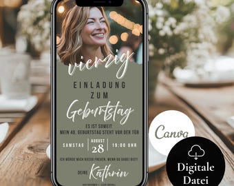 Invitación digital para el 40 cumpleaños de una mujer | Tarjeta electrónica personalizada para una fiesta de cumpleaños | Tarjeta de invitación para cumpleaños 30 y 50, plantilla de invitación de cumpleaños con foto