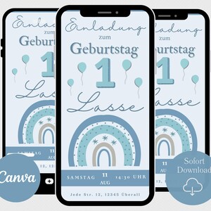Invitation 1er anniversaire arc-en-ciel bleu, carte d'invitation numérique anniversaire enfant, eCard garçon WhatsApp, modèle d'invitation anniversaire Canva