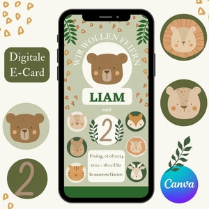Invitation numérique pour les anniversaires d'enfants, carte électronique personnalisable WhatsApp, modèle d'invitation Canva pour garçons et filles, invitation d'anniversaire zoo