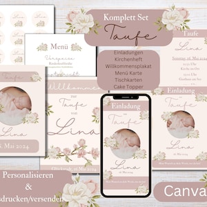 Digitale uitnodigingskaart doopmeisje, kerkboekje, doopvoorbereidingen roze, e-card doop, aanpasbare sjablonen Canva, download