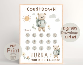 Countdown Kindergarten, I'm going to be a kindergarten child, Finally a kindergarten child, Numbers plan PDF to print out DIN A4, first day of kindergarten boy girl