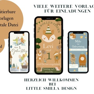 Puede incluir: Tres smartphones que muestran dise&ntilde;os de invitaciones digitales. Las invitaciones presentan animales de dibujos animados, globos y texto en alem&aacute;n. El texto incluye "Liam feiert 1. Geburtstag", "Levi wird 1" y "Milo hat Geburtstag". La imagen tambi&eacute;n incluye el texto "Editierbare Vorlagen Digitale Datei".