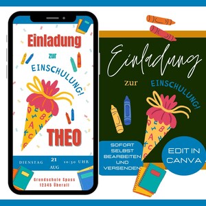 Digitale Einladung zur Einschulung, personalisierbare Einladungskarte Schulanfang, E-Card erster Schultag Junge und Mädchen, Vorlage Canva