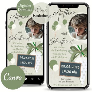 Invitation à la photo scolaire, carte d'invitation numérique pour la rentrée scolaire d'un garçon sur WhatsApp, carte électronique avec cône scolaire, modèle Canva vert, premier jour d'école d'un enfant