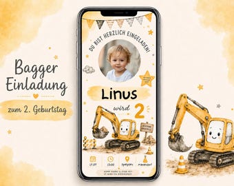 Bagger Einladung zum 2. Geburtstag mit Foto | Baustellen Einladungskarte für Jungen