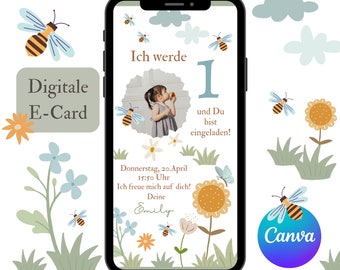 Invitation for a girl's birthday party with photo, bees and flowers eCard