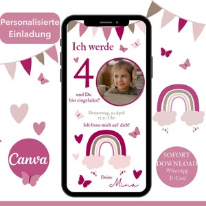 Convite arco-íris digital, cartão de convite rosa foto de aniversário infantil, convite personalizado de aniversário de menina modelo Canva e-card
