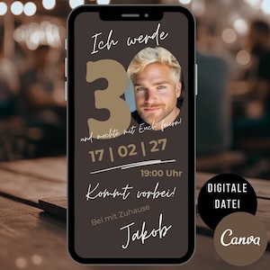Uitnodiging 30e verjaardag man, digitale uitnodigingskaart WhatsApp verjaardagsfeestje, eCard Canva sjabloon foto, verjaardagsuitnodiging mannen