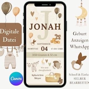 Carte de naissance naissance garçon, faire-part de naissance numérique, modèle faire-part bébé Canva, e-carte faire-part naissance WhatsApp, modèle de données de naissance