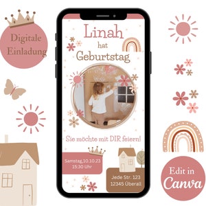 Digitale Einladung Kindergeburtstag, Personalisierte Einladungskarte WhatsApp Foto, e-Card Kinderfest, Geburtstag Vorlage Regenbogen Canva
