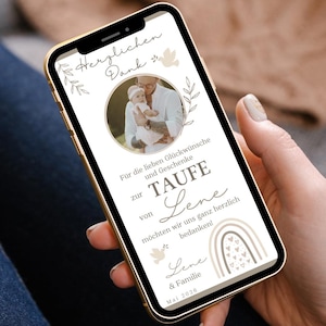 Tarjeta digital de agradecimiento por bautizo con foto, tarjeta electrónica boho arcoíris | Mensaje de agradecimiento por bautizo para niña por WhatsApp | Gracias por las felicitaciones por la celebración del bautizo imagen 2