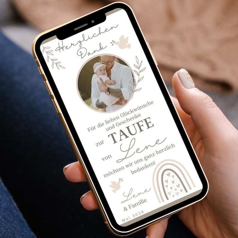 Tarjeta digital de agradecimiento por bautizo con foto, tarjeta electrónica boho arcoíris | Mensaje de agradecimiento por bautizo para niña por WhatsApp | Gracias por las felicitaciones por la celebración del bautizo imagen 2