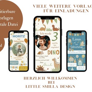 May include: Three digital birthday invitation templates featuring a dinosaur, a monster, and a boy. The dinosaur template is brown and green with the text "Ich werde 3 und Du bist eingeladen! DINO". The monster template is blue and green with the text "Linus hat Geburtstag und m&ouml;chte mit DIR feiern!". The boy template is blue, green, and orange with the text "HELLO MORITZ hat Geburtstag und m&ouml;chte mit DIR feiern! BE HAPPY".