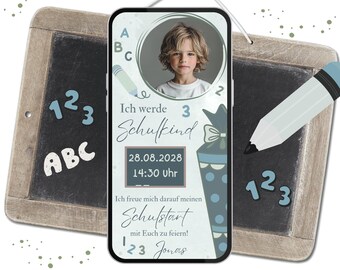 Invito al primo giorno di scuola con foto | Biglietto d'invito digitale per l'inizio della scuola con cono scolastico per bambini
