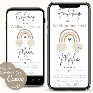 Invitación Fiesta Bienvenida Arcoiris, tarjeta de invitación digital Fiesta Bienvenida Bebé, Plantilla de Invitación Gratis Bautizo Personalizada WhatsApp