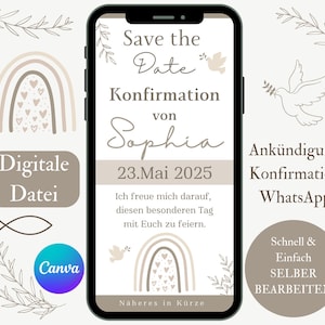Save the Date Kommunion Mädchen Boho beige, digitale Ankündigung Einladung Konfirmation Regenbogen WhatsApp, Vorlage Canva, Erstkommunion